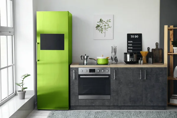 Interior Modern Kitchen Green Refrigerator — Stock Photo, Image