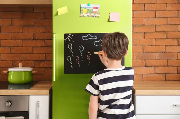 Little Boy Drawing Chalkboard Kitchen — Stock Photo, Image