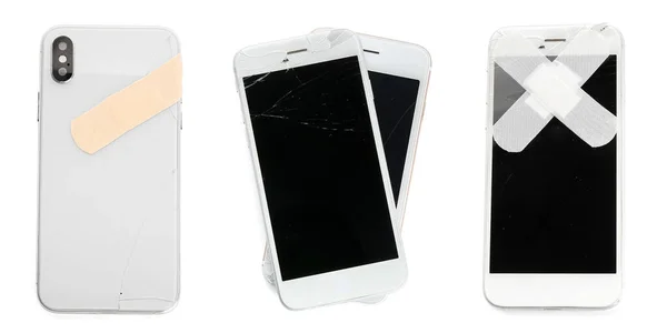 Set Damaged Mobile Phones White Background — Stock Photo, Image