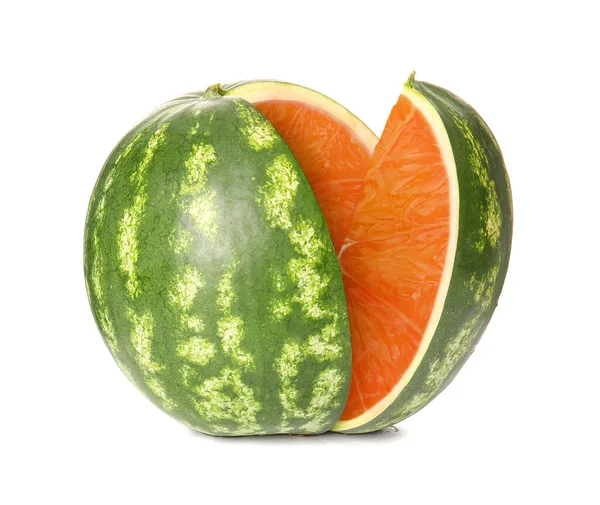 Cut Watermelon Grapefruit White Background Concept Photo Manipulations Gmo — Stock Photo, Image