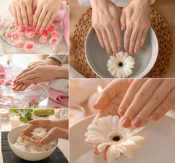 Collage Met Handen Van Jonge Vrouwen Ondergaan Spa Manicure Behandeling — Stockfoto