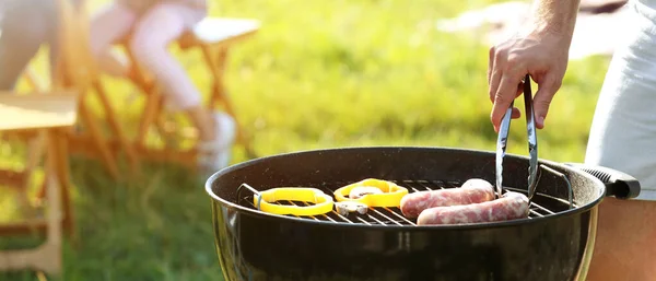 Man Cooking Sausages Vegetables Barbecue Grill Outdoors Closeup — Stock Photo, Image