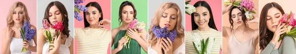 Collage Mit Hübschen Jungen Frauen Mit Hyazinthenblüten Auf Buntem Hintergrund — Stockfoto