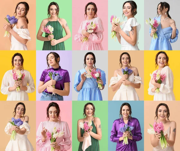 Collage Avec Une Jolie Jeune Femme Tenant Des Fleurs Jacinthe — Photo