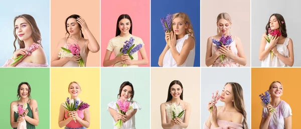 Collage Con Mujeres Bastante Jóvenes Sosteniendo Flores Jacinto Sobre Fondo — Foto de Stock