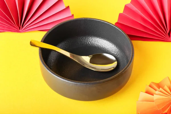 Chinese Bowl Spoon Yellow Background Closeup — Stock Photo, Image