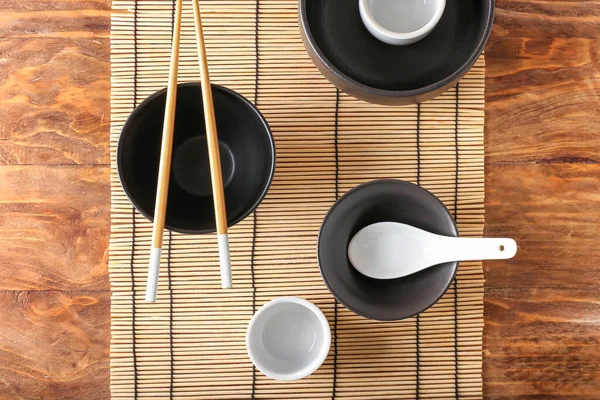 Chinese Bowls Chopsticks Wooden Background — Stock Photo, Image