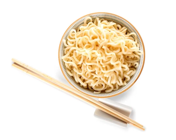 Bowl Tasty Noodles Chopsticks White Background — Stock Photo, Image