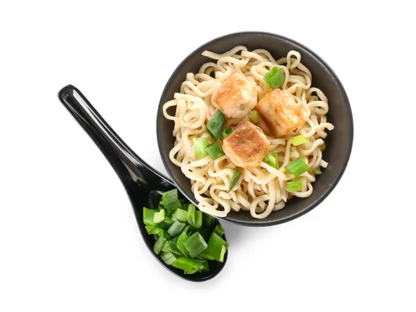 Bowl Tasty Noodles Chicken Isolated White Background — Stock Photo, Image
