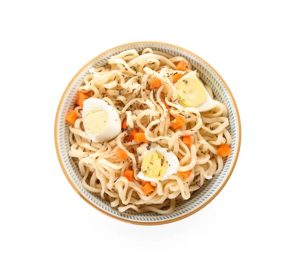 Bowl Tasty Noodles Eggs Isolated White Background — Stock Photo, Image