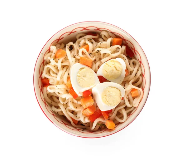Bowl Tasty Noodles Eggs Isolated White Background — Stock Photo, Image