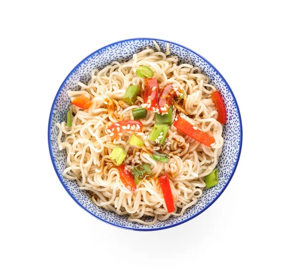 Bowl Tasty Noodles Isolated White Background — Stock Photo, Image