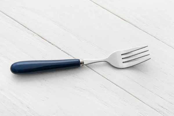 Stylish Stainless Steel Fork White Wooden Background — Stock Photo, Image