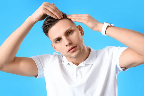 Young Man Hair Loss Problem Blue Background — Stock Photo, Image