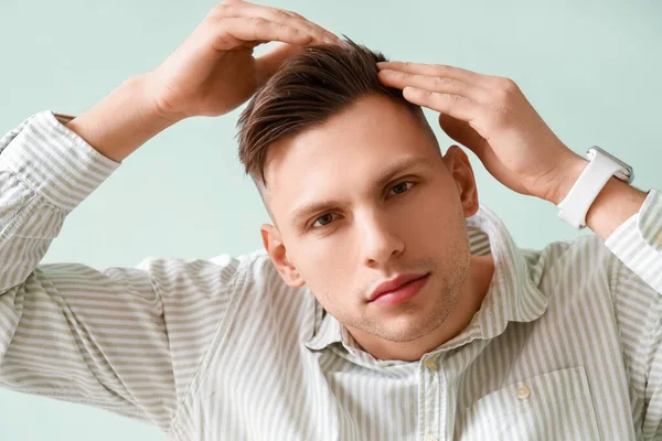 Young Man Hair Loss Problem Green Background Closeup — Stock Photo, Image