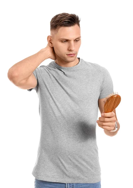 Young Man Hair Loss Problem Brush White Background — Stock Photo, Image