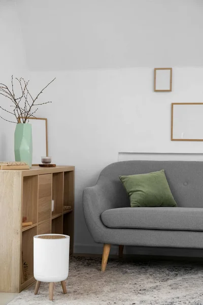 Interior Living Room Grey Sofa Shelf Unit — Stock Photo, Image