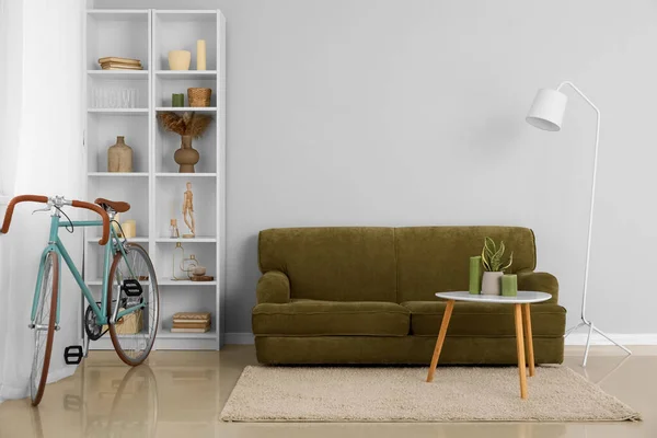 Interior Modern Living Room Bicycle Green Sofa Shelving Unit —  Fotos de Stock
