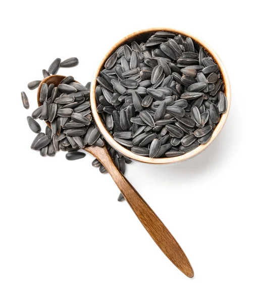 Bowl Wooden Spoon Unpeeled Sunflower Seeds White Background — Stock Photo, Image