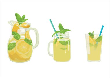 Beyaz arka planda lezzetli soğuk limonata seti