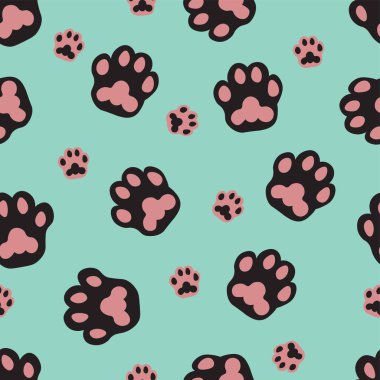 Many prints of cat paws on color background. Texture for design