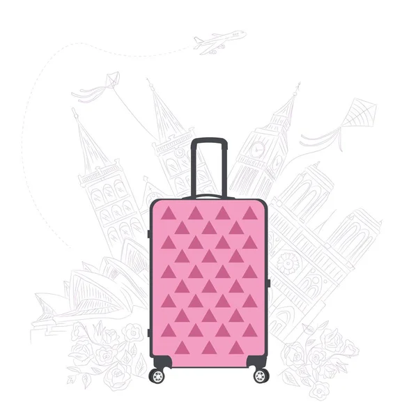Tourist Suitcase Different Landmarks White Background Travel Concept — Stockvektor
