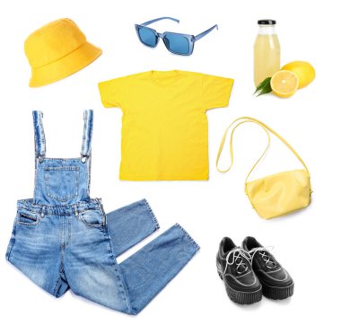 Beyaz arka planda soğuk limonatalı şık kıyafetler ve aksesuarlar.