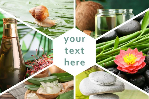 Collage with natural cosmetics, spa stones and snail