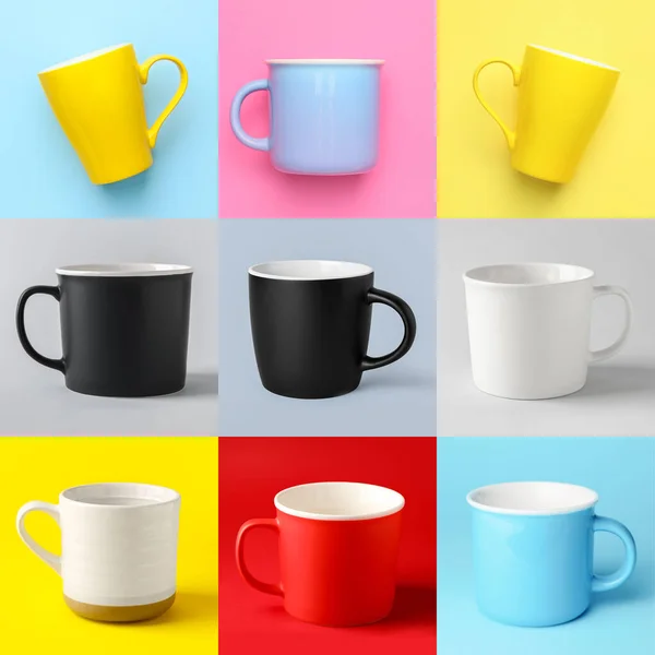 Set Many Blank Cups Colorful Background Mockup Design — Stock Photo, Image