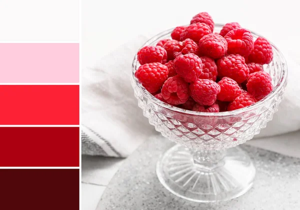 Dessert Bowl Ripe Raspberries White Table Different Color Patterns — Stock Photo, Image