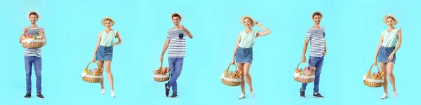 Set Mensen Met Manden Voor Picknick Lichtblauwe Achtergrond — Stockfoto