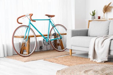 Comfortable sofa and bicycle in light living room interior