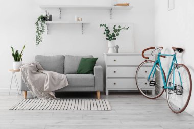 Bisikletli, gri kanepeli ve çiçekli aydınlık oturma odasının içi.