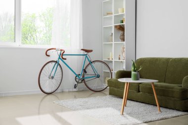 Modern oturma odasının içinde bisiklet, yeşil kanepe ve raf ünitesi var.