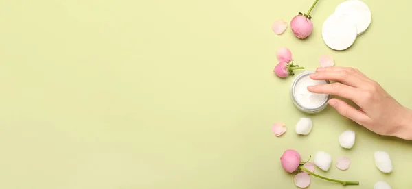 Female Hand Jar Cosmetic Cream Cotton Balls Pads Rose Flowers — Stock Photo, Image