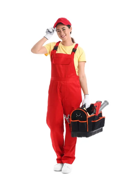 Asian Female Plumber Holding Bag Tools White Background — Stock Photo, Image