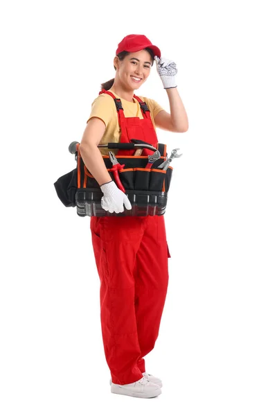 Asian Female Plumber Holding Bag Tools White Background — Stock Photo, Image