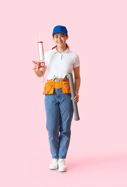 Asian Female Plumber Tool Pink Background — Stock Photo, Image