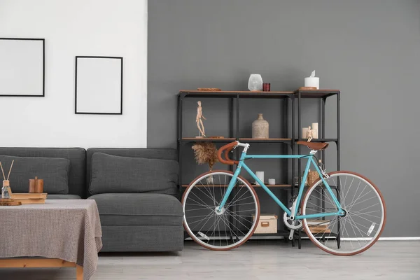 Interior Modern Living Room Bicycle Black Sofa Shelving Unit — Stock Photo, Image