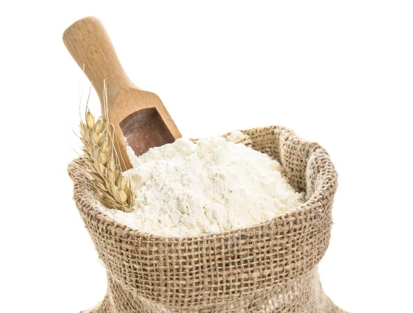 Sack Bag Wheat Ears Flour Scoop White Background Closeup — Stock Photo, Image