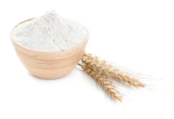 Bowl Flour Wheat Ears White Background — Stock Photo, Image