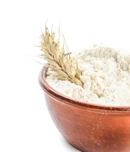 Bowl Flour Wheat Ear White Background — Stock Photo, Image