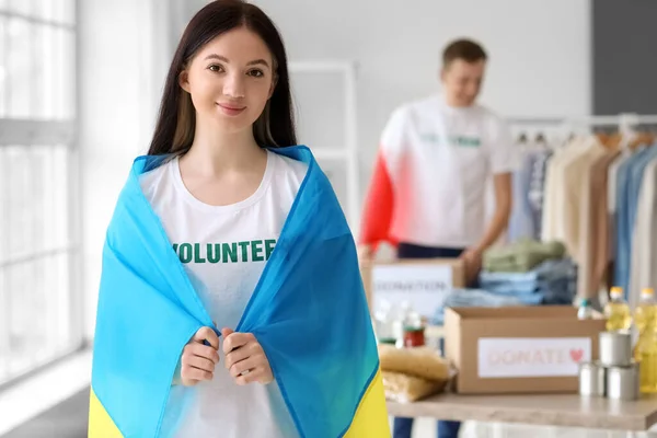 Young Woman Flag Ukraine Polish Volunteer Center — Stock Photo, Image