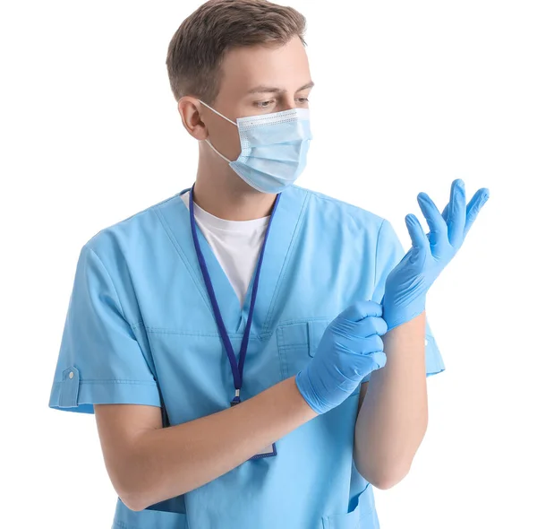 Male Medical Assistant Protective Mask Gloves White Background — Stock Photo, Image
