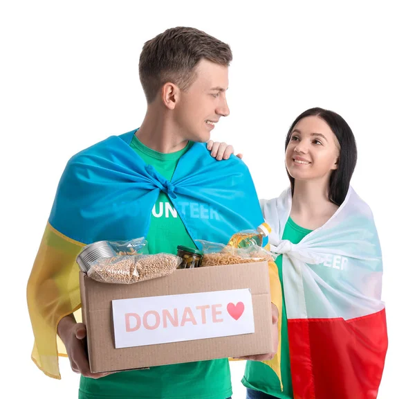 Volunteers Flags Ukraine Poland Donation Box White Background — Stock Photo, Image