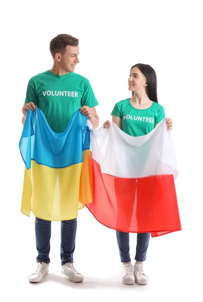 Volunteers Flags Ukraine Poland White Background — Stock Photo, Image