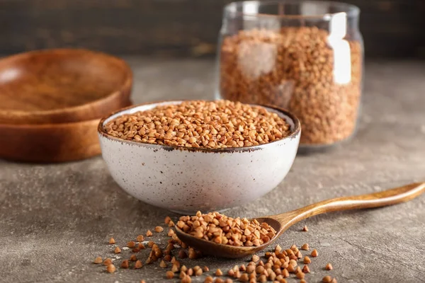 Wooden Spoon Bowl Buckwheat Grains Grunge Table — Stock Photo, Image