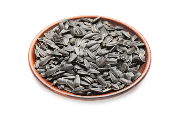 Plate Unpeeled Sunflower Seeds White Background — Stock Photo, Image