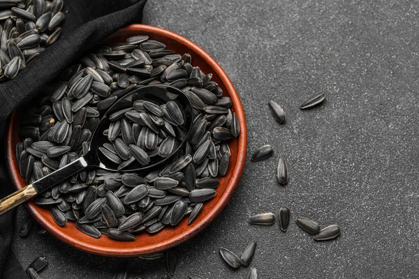 Bowl Spoon Napkin Black Sunflower Seeds Dark Background — Stock Photo, Image