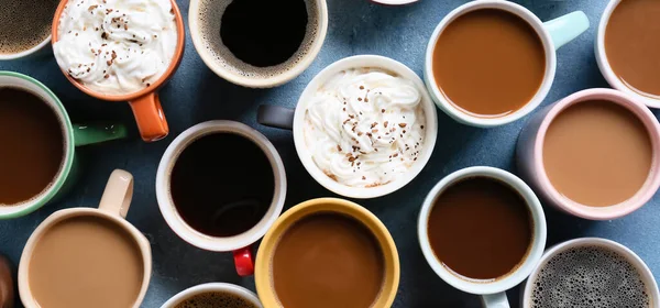 Många Koppar Gott Kaffe Färg Bakgrund Ovanifrån — Stockfoto